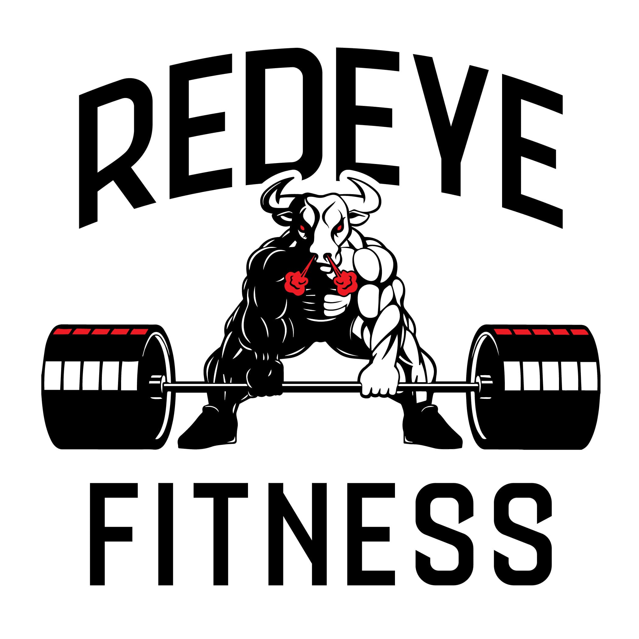 The REDEYE FITNESS logo: a fired up half man/half bull deadlifting a barbell between arched REDEYE and FITNESS lettering