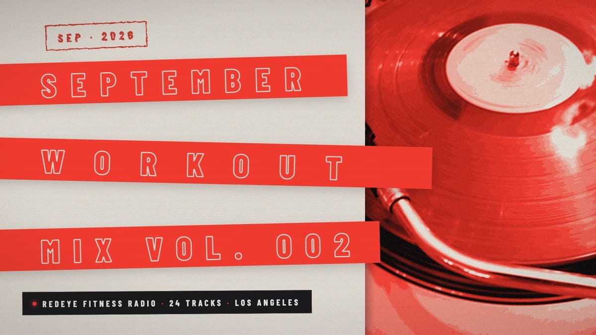 September Workout Mix Vol. 002 cover art: xerox-red collage with SEPTEMBER, WORKOUT and MIX VOL. 002 in outlined type on tilted red bars beside a red-duotone vinyl turntable