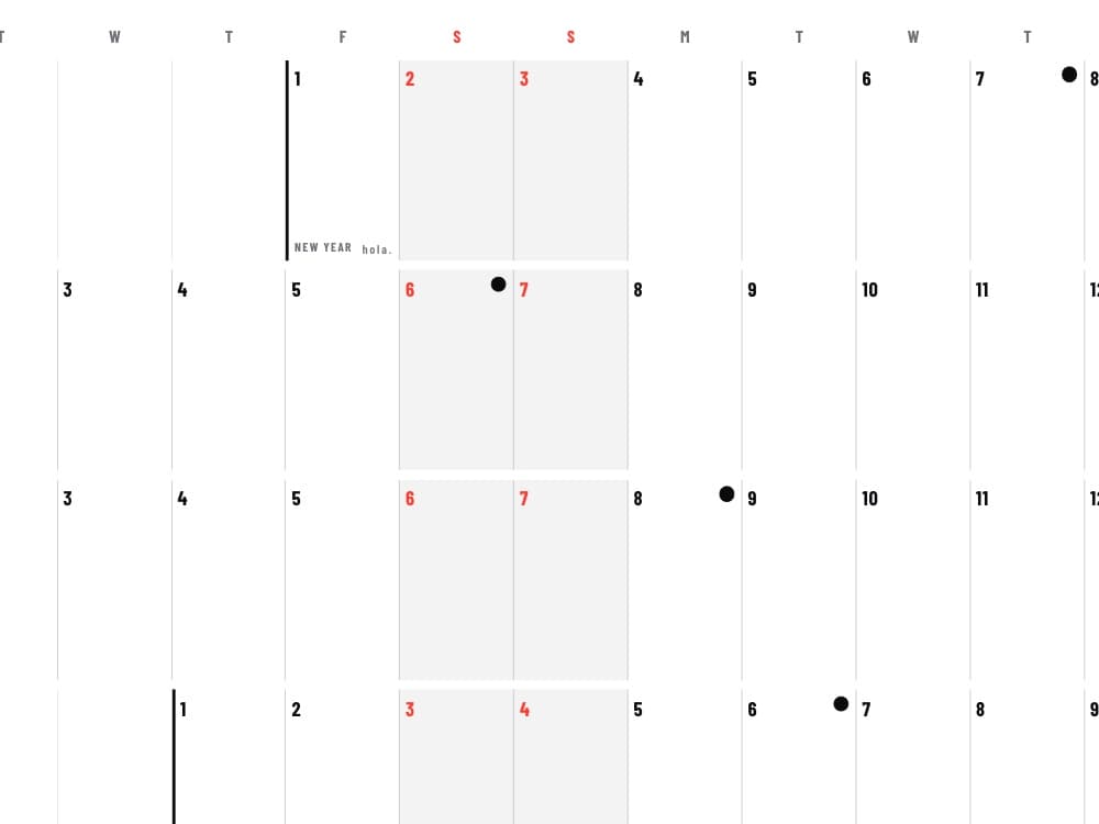 January 1st cell of the BOSS YEAR planner, marked NEW YEAR with a small lowercase hola.