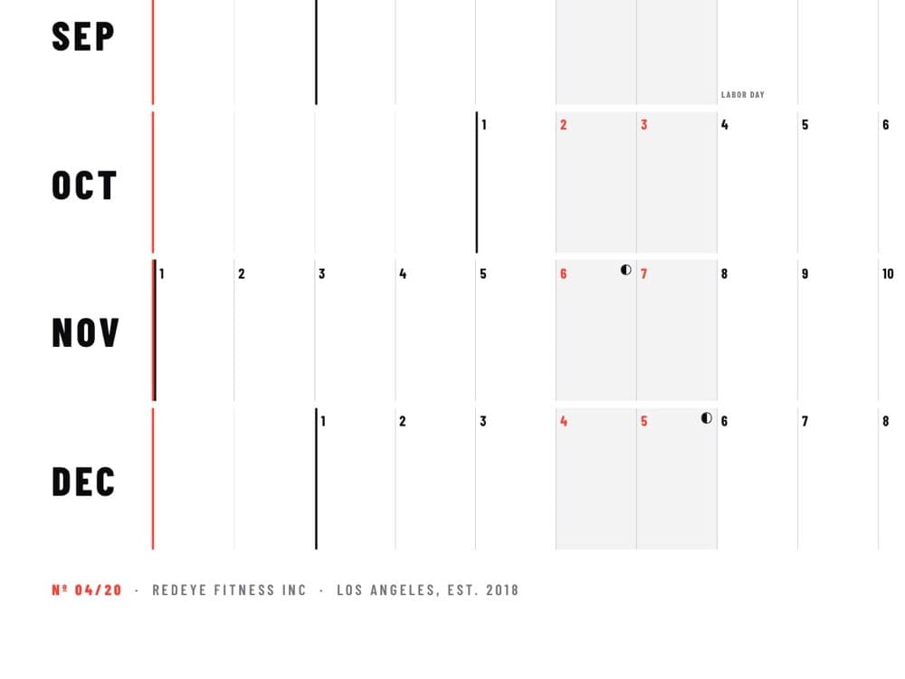Bottom corner of the BOSS YEAR planner with the red edition mark Nº 04/20 beside REDEYE FITNESS INC · LOS ANGELES, EST. 2018