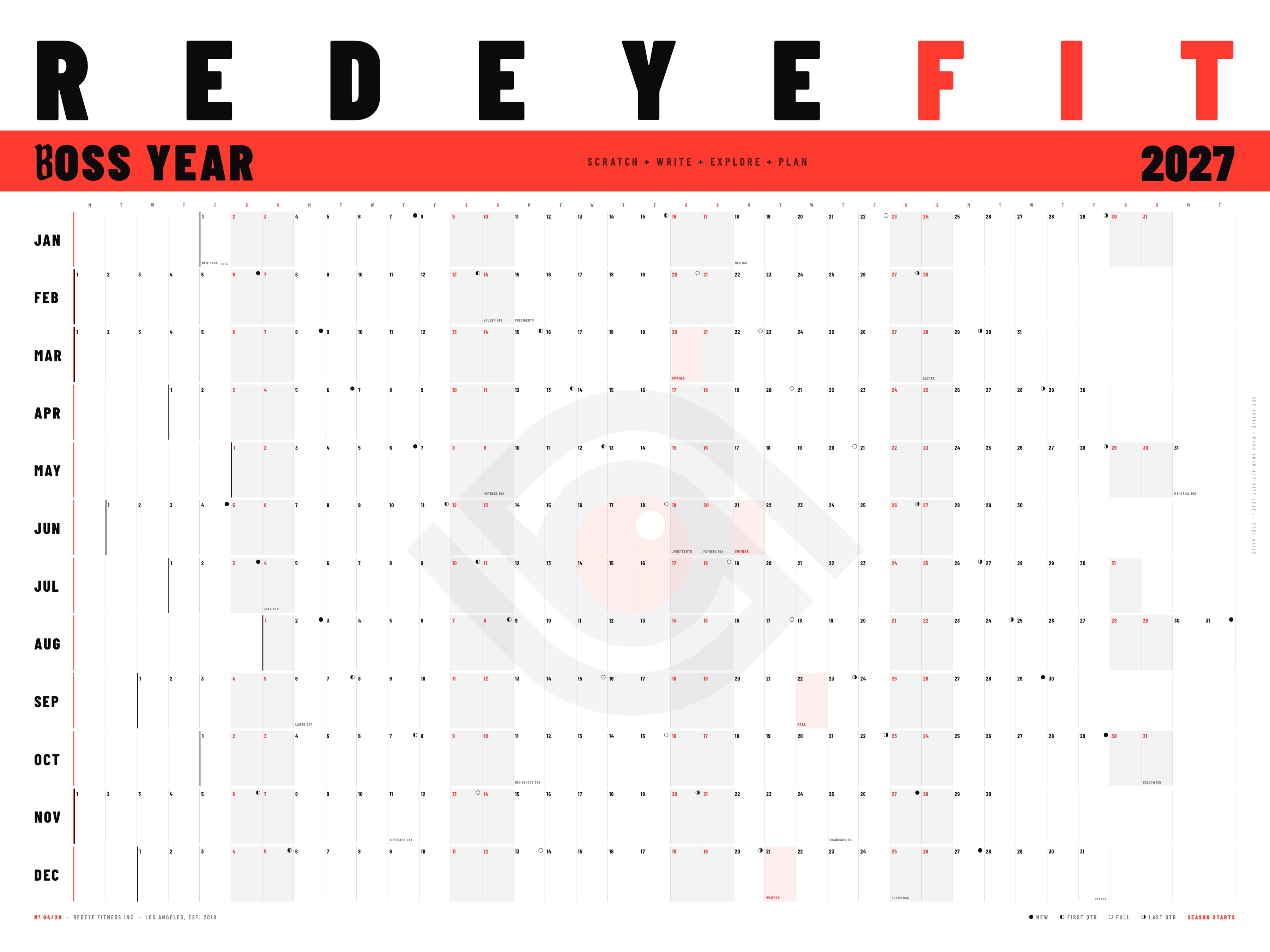 Zoomed tour of the BOSS YEAR 2027 planner: the hola. New Year cell, the moon phases through the year, the deuces. sign-off on December 31st, and the red Nº 04/20 edition mark — every sheet numbered out of 20
